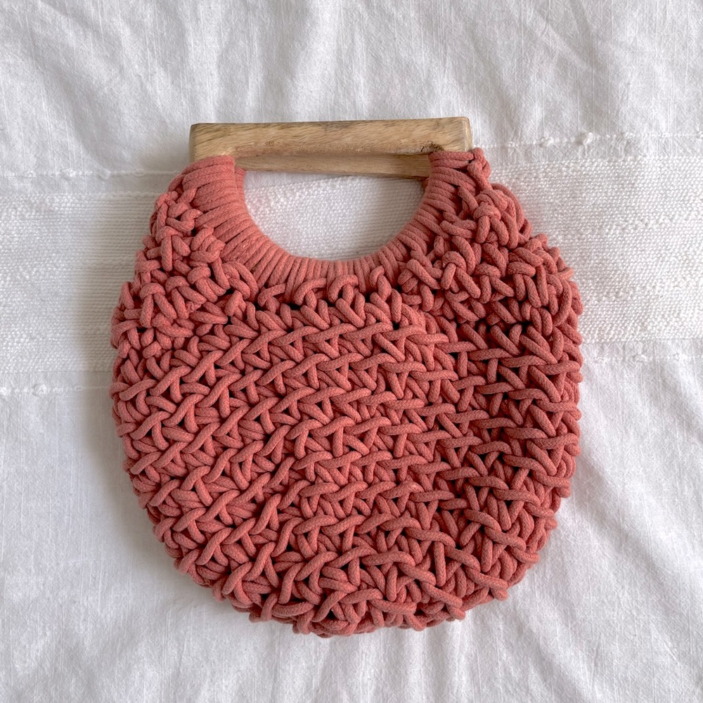 Coral Pink Circular Knit Purse with Wooden handles by A New Day